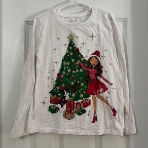 The Children's Place Girl Festive White Tee with Christmas Tree and Girl